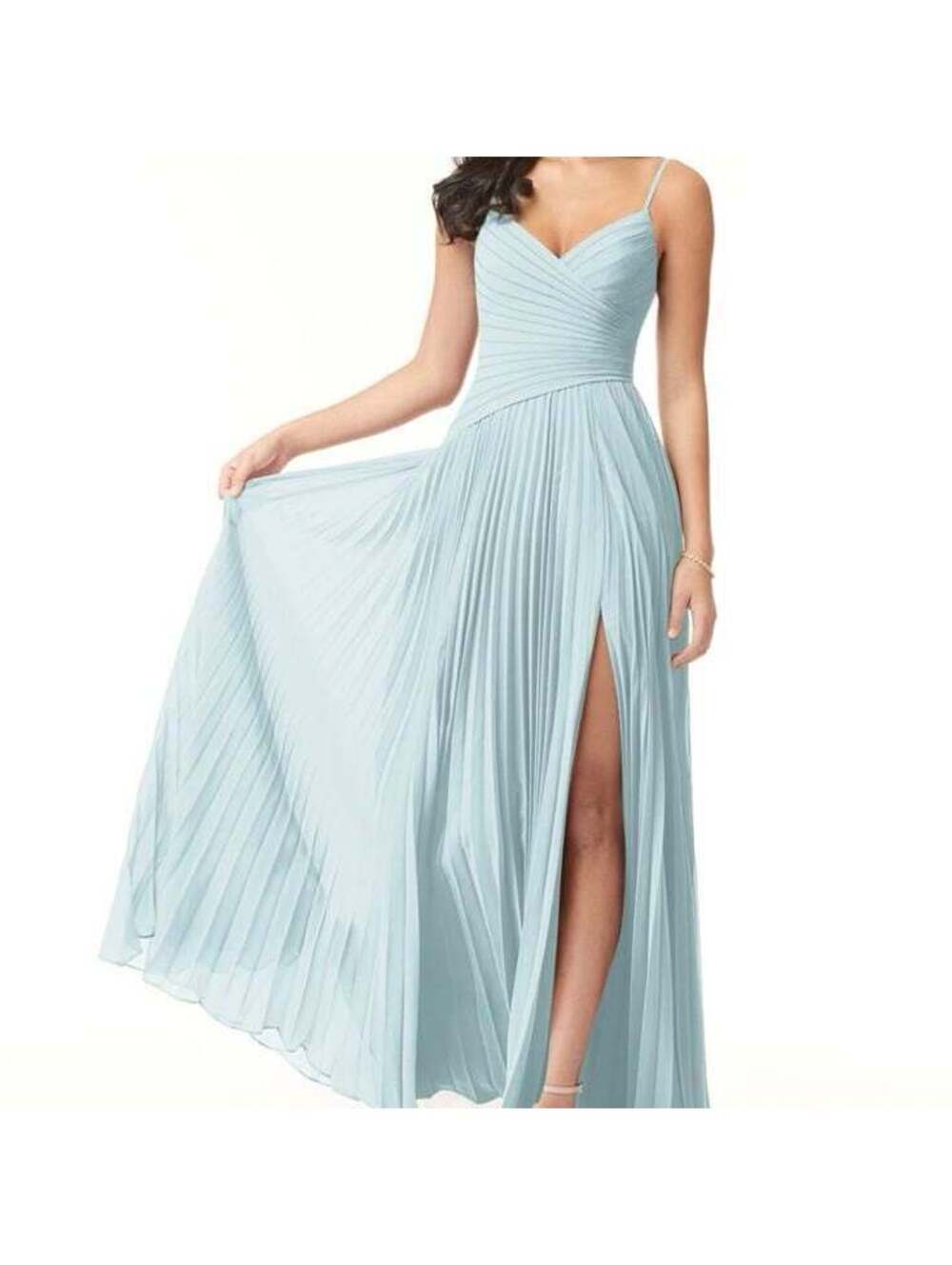 Azazie Vini Mist Light Blue Pleated Spaghetti Strap Maxi Dress with Slit